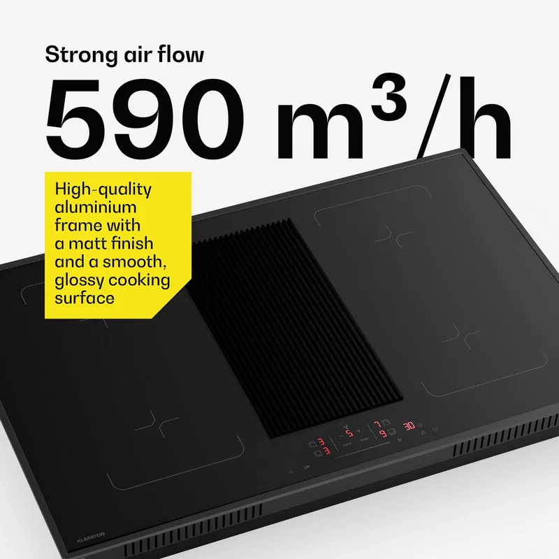 Velaire Inductiekookplaat met Afzuigkap - 80cm, 4 zones, 7.400W Boost, Touch-Slider, Timer, Kindervergrendeling, Restwarme-indicator, Geïntegreerde afzuigkap, Glas by Klarstein in Black – product photo