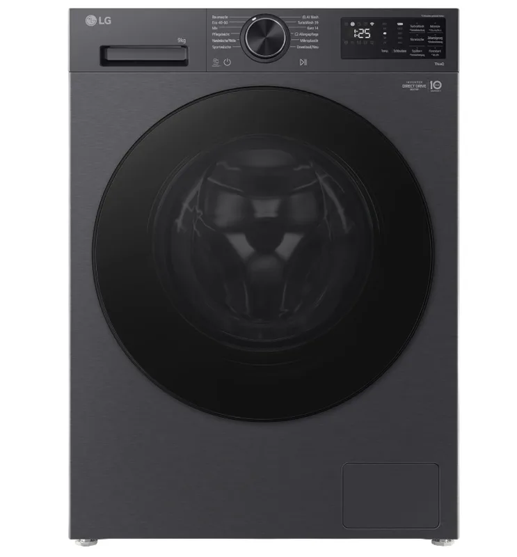 F2X7SLIM9B freistehende Frontlader-Waschmaschine, 9 kg, Energieklasse A, AI Direct Drive, Dampfwäsche, Restzeitanzeige, Wi-Fi und ThinQ, Schwarz fra LG – produktbillede