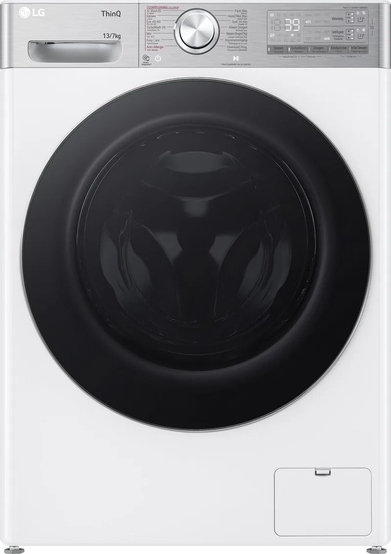 F4DR9537S2W was‑droogcombinatie 13 kg met AI DD voor slimme stofverzorging - TurboWash 39 voor sneller wassen - EzDispense automatische dosering - hygiënisch wassen met stoom en ThinQ slimme bediening. Energieklasse A‑20% by LG in White – product photo