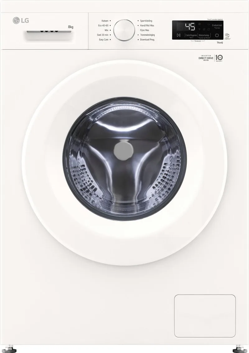 F4X1008NWH wasmachine 8 kg met Direct Drive motor voor stille, duurzame prestaties. Spa Steam™ voor hygiënisch wassen. ThinQ slimme bediening. Energie‑label A. Compact design voor dagelijks gemak van LG in Essence Wit – productfoto