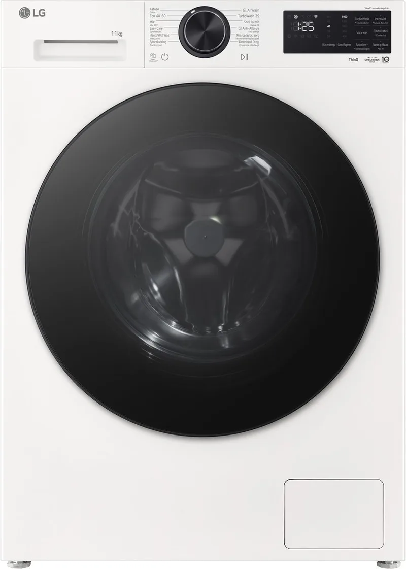 F4X5011TWB wasmachine 11 kg met AI DD voor betere stofverzorging, TurboWash360˚ voor snel en grondig wassen in ca. 39 min, Steam verwijdert allergenen en bacteriën, ThinQ slimme bediening en stille, duurzame Inverter Direct Drive. Energieklasse A by LG in Essence Wit (matte) – product photo