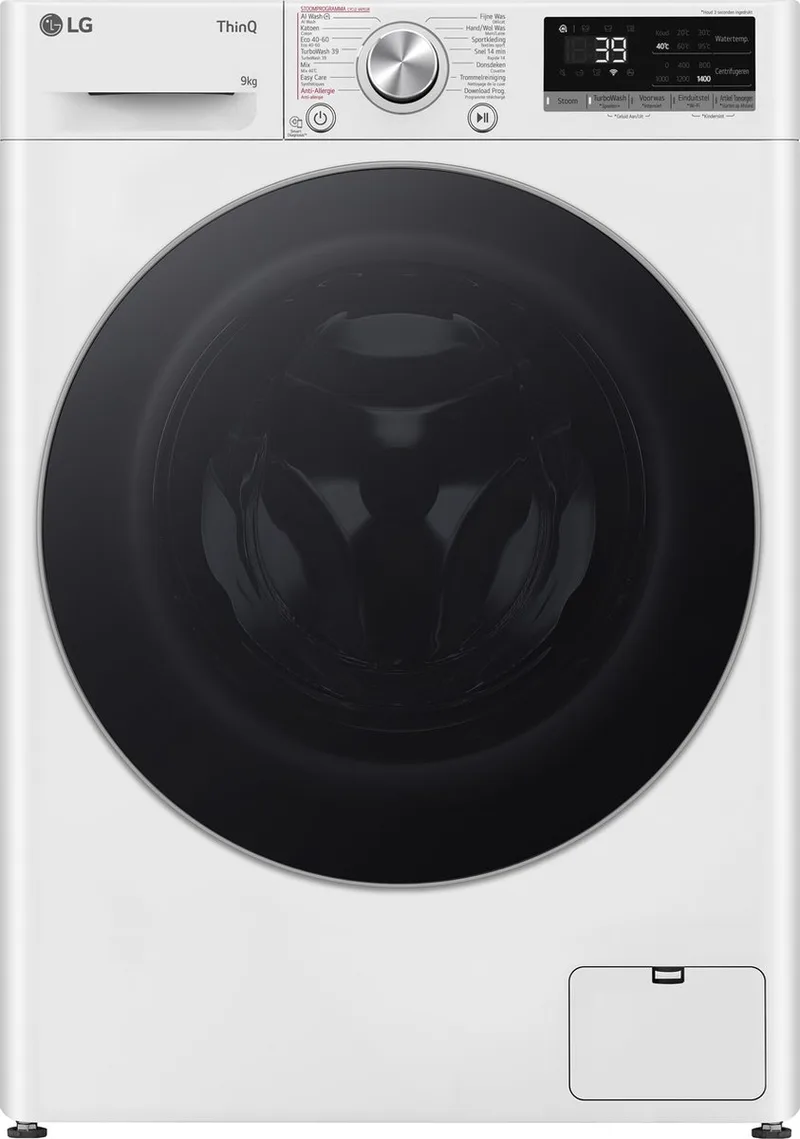 GC3R709S1 wasmachine 9 kg, AI DD en AI Wash voor slimme stofverzorging - TurboWash 39 voor sneller schoon - Hygiënisch wassen met stoom en ThinQ slimme bediening. Energieklasse A-10% van LG in Wit – productfoto