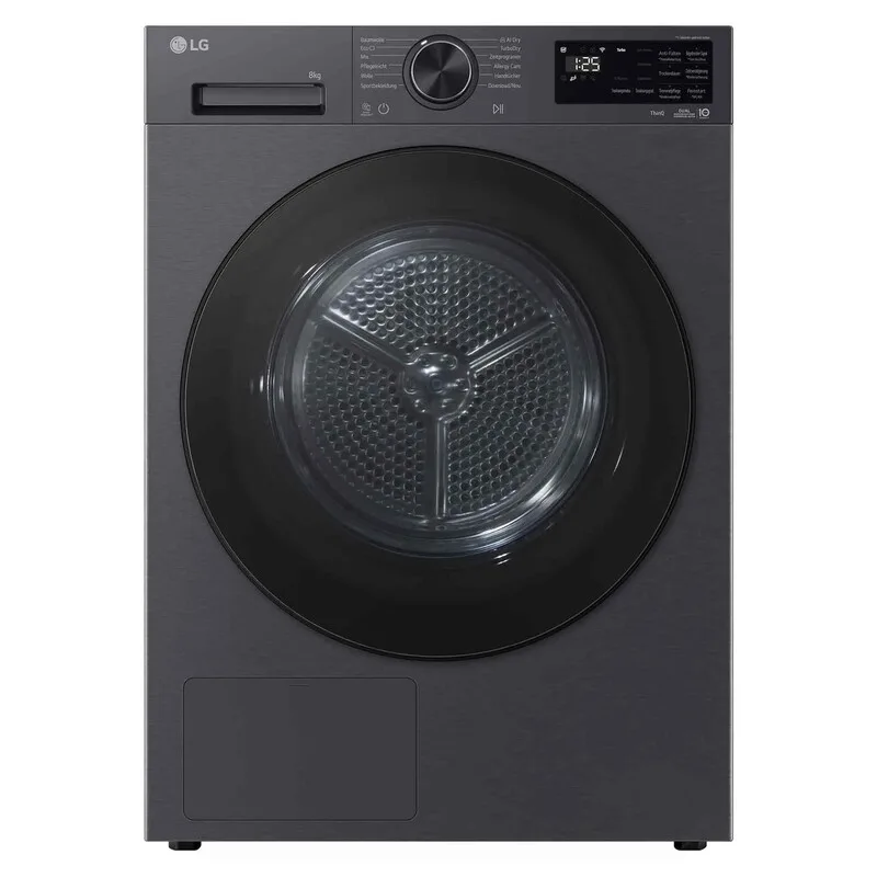 RT80X7B freistehender Wärmepumpentrockner, 8 kg, Dual Inverter Wärmepumpe, AI Dry, TurboDry, SensorDry, Allergy Care, Dual Filter, ThinQ AI, Smart Pairing, Mattschwarz von LG – Produktfoto
