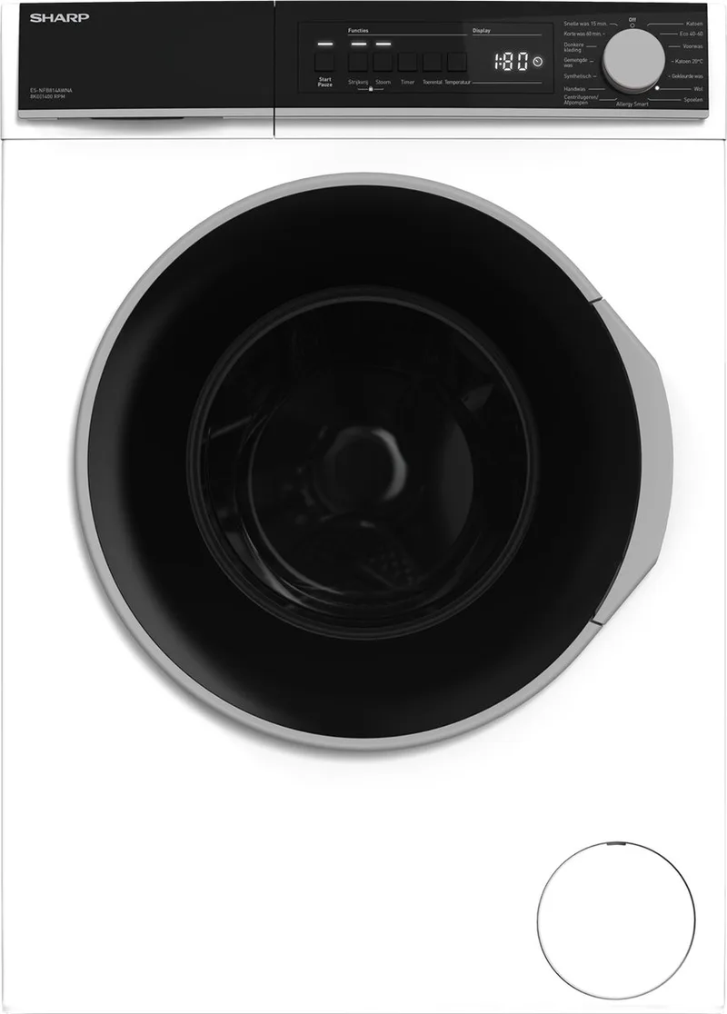 ESNFB914AWNABX Wasmachine 9KG | Energiezuinig | 1400 toeren | Stil en Efficiënt | Perfect voor Gezinnen by Sharp in Black, White – product photo