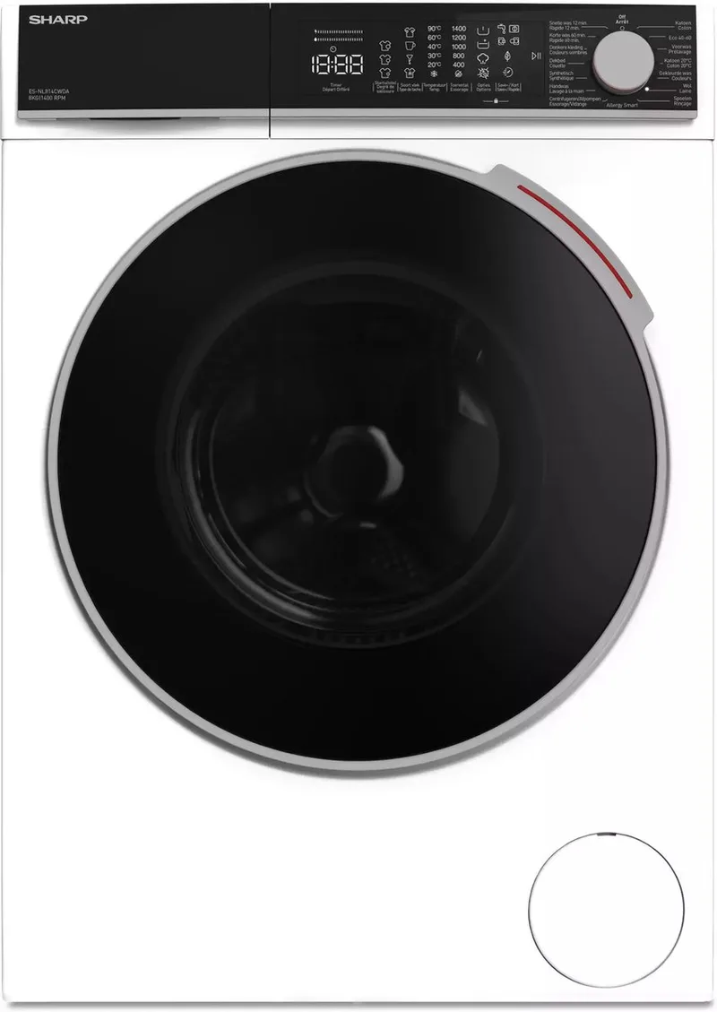 ESNL814CWDABE - wasmachine - energie klasse A - 8KG - 1400 toeren - 15 programma's - Ned/Fra bedieningspaneel fra Sharp i Hvid – produktbillede