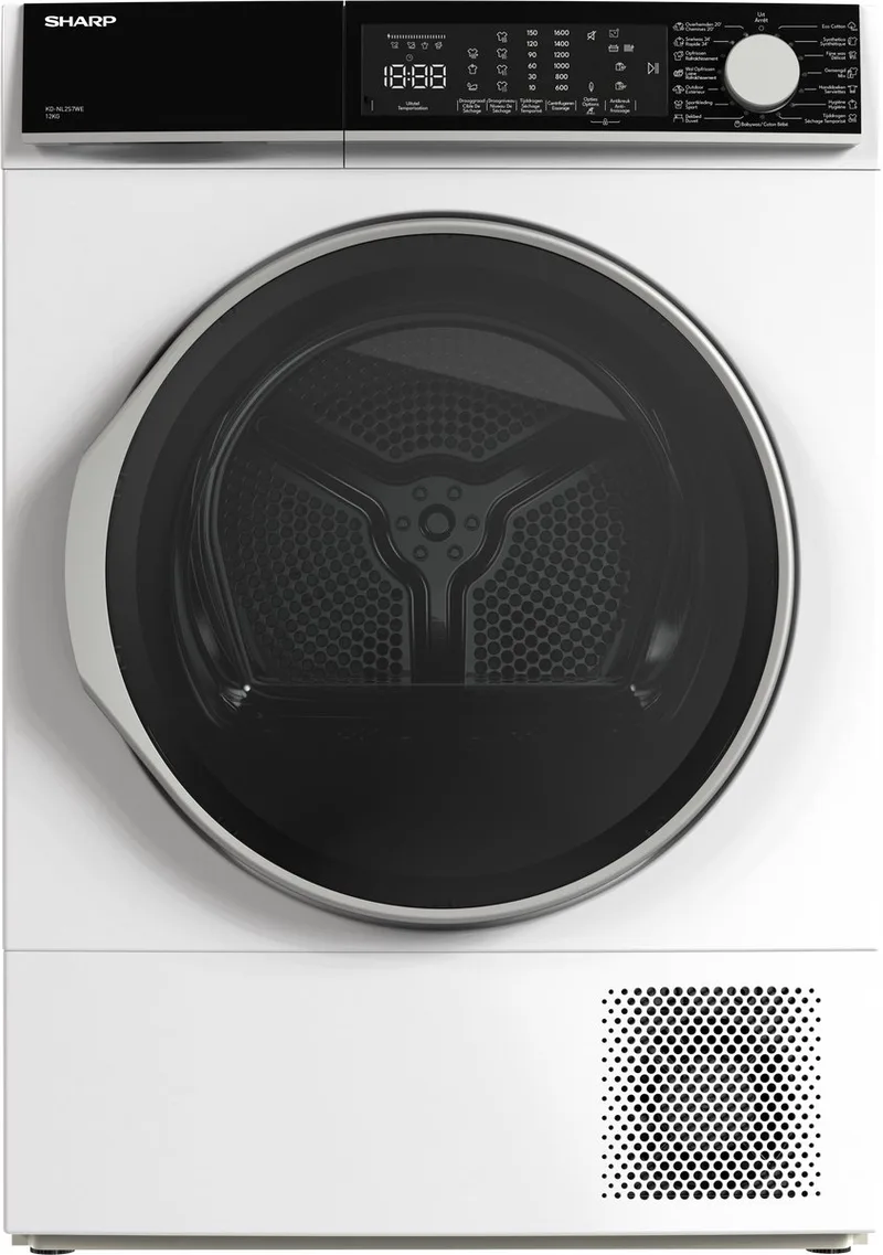 KDNL2S7WEBE – warmtepomp droger – energie label E – 12 kg – 15 programma’s – trommelverlichting – links en rechts draaiend – 8 sensor technologie van Sharp in Wit – productfoto