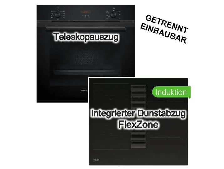 Backofen-Set 3D Heißluft Teleskopauszug + Haier Muldenlüfter Induktionskochfeld NEU, mit 1-fach Teilauszug, Hydrolyse de Siemens – photo produit