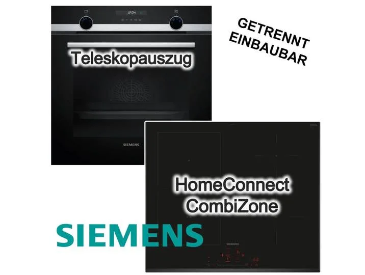 Backofen-Set Backofen 3DHeißluft Hydrolyse Teleskop +Induktionskochfeld PowerBoost, mit 1-fach Teilauszug, Hydrolyse de Siemens – photo produit