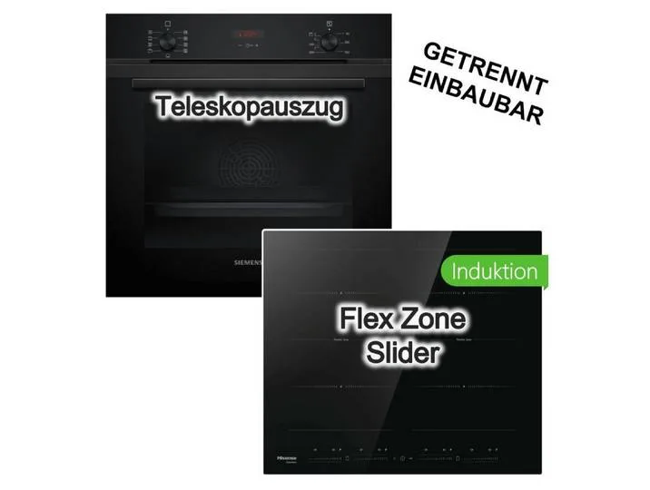 Backofen-Set Backofen Hydrolyse Teleskopauszug+Hisense Induktionskochfeld Flex 60cm, mit 1-fach Teilauszug, Hydrolyse de Siemens – photo produit