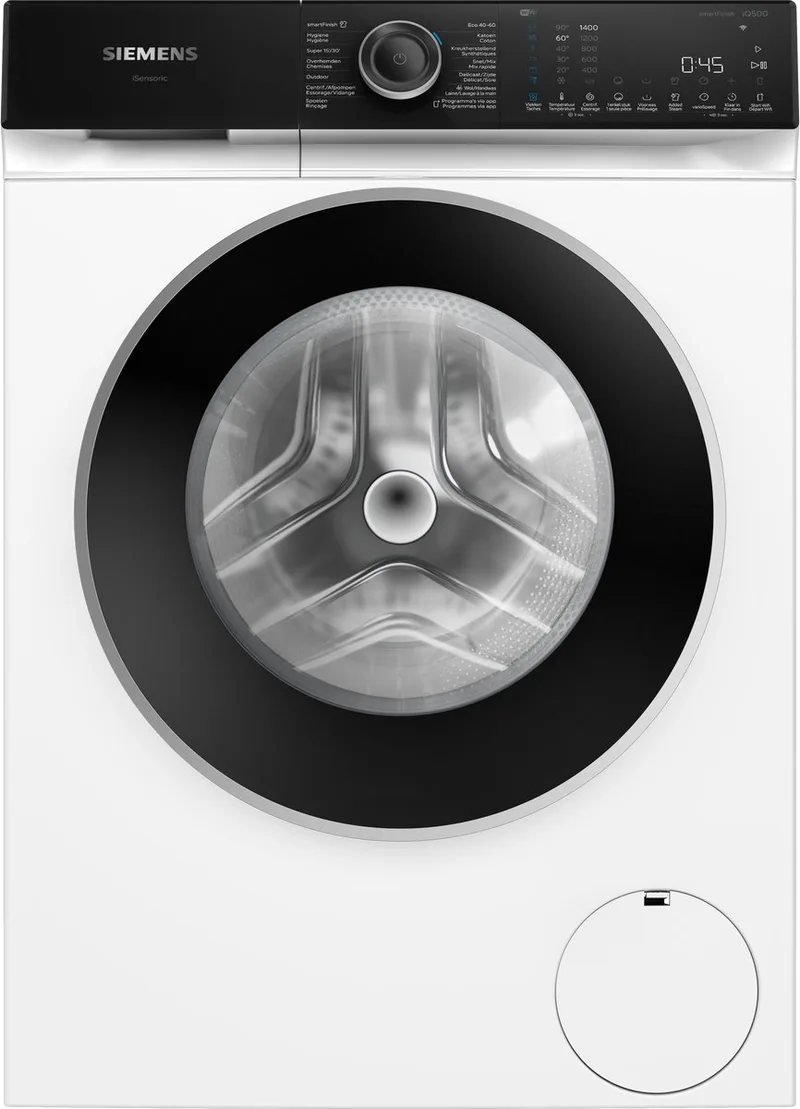 WG44H203FG - iQ500 - Wasmachine - 9 kg - 1400 rpm - 20% zuiniger dan energielabel A - Home Connect - smartFinish: vermindert kreukels tot 50% - speedPack L: verkort wasprogramma's met varioSpeed - NL/FR Display van Siemens in Wit – productfoto
