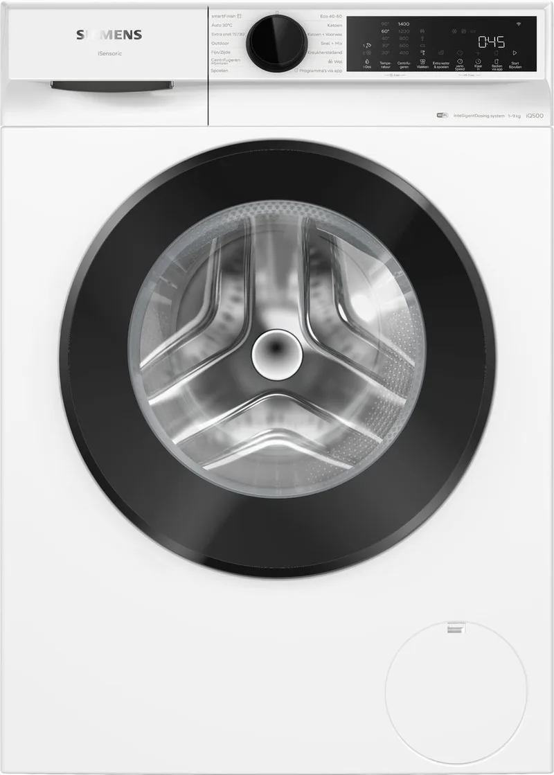 WG44J2A5NL - iQ500 - Wasmachine met stoom - Automatisch doseren - 9 kg - 1400 rpm - smartFinish: vermindert kreukels tot 50% - Energieklasse A - speedPack L: verkort wasprogramma's met varioSpeed - Home Connect von Siemens in Weiß – Produktfoto