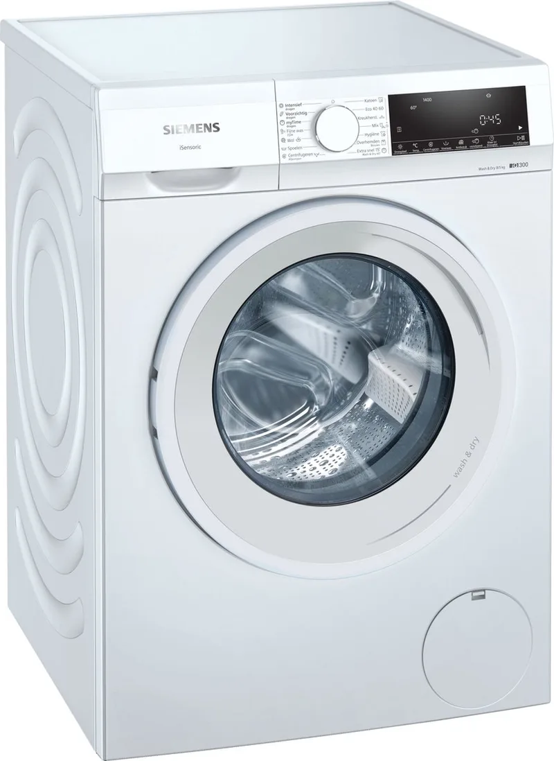 WN34A100NL - iQ300 - Was-droogcombinatie - iQ300 - 8/5 kg - 1400 rpm - Wash&Dry 45/60: snel en efficiënt wassen en drogen in slechts 45 of 60 minuten - autoDry: zacht, gecontroleerd en energiezuinig drogen van Siemens in Wit – productfoto
