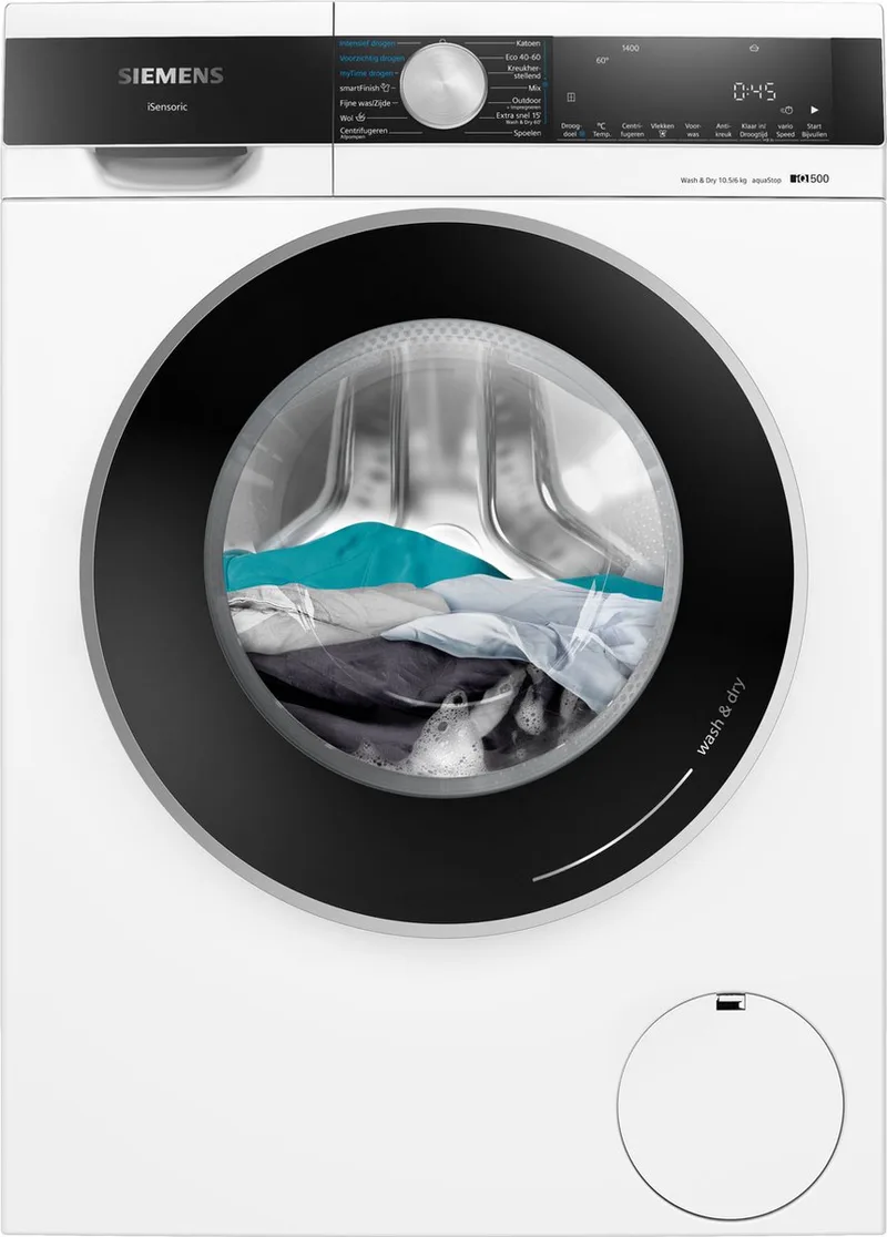 WN54G205NL - iQ500 - Was-droogcombinatie - Wassen en drogen in 1 - 10.5/6 kg - 1400 rpm - smartFinish: minder kreukels - Wash&Dry 45/60: snel en efficiënt wassen en drogen van Siemens in Wit – productfoto