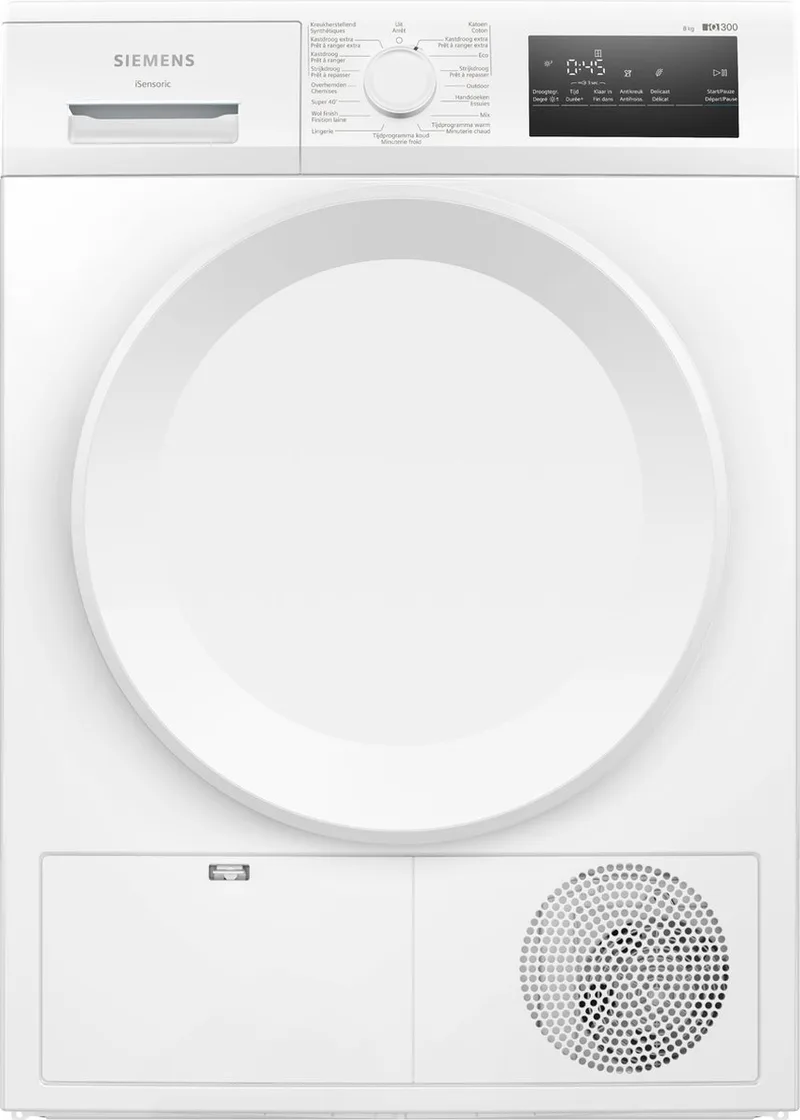 WT43H00AFG - iQ300 - Warmtepompdroger - 8 kg - Stil 65 dB - NL/FR Display - autoDry: Zacht en zorgvuldig drogen om je kleding te beschermen by Siemens in White – product photo