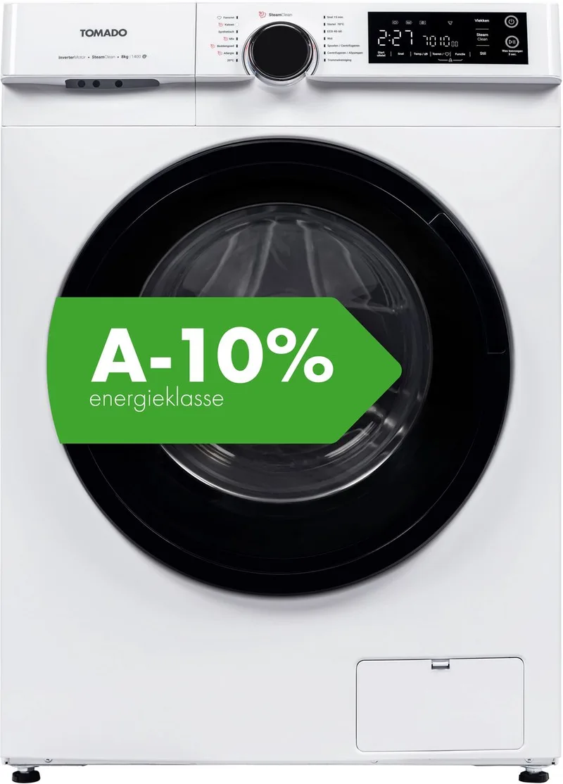 TWM8002W - Wasmachine - 8 kg - Energieklasse A-10% - 14 wasprogramma's - SteamClean - Digitaal display van Tomado in Wit – productfoto